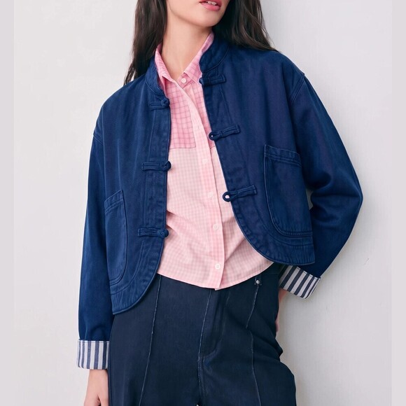 Jackets & Blazers - Navy Denim Round Cropped Jacket with Frog Toggle Closures